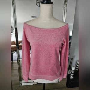 Express Pink Crushed Velvet Off Shoulder Top Womens Small Velour Long Sleeve Y2K